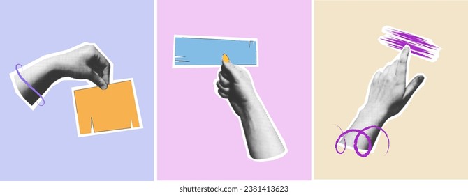 Collage of vector hands gestures with notes empty space for text in vintage halftone style on colored background