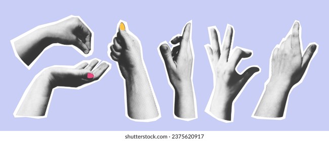 Collage of vector hands gestures in vintage halftone retro 90s, y2k 00s style effect collage