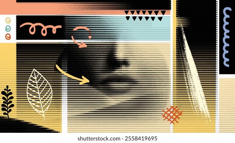 Collage vector illustration with an abstract retro halftone art with geometric shapes and minimalist patterns.