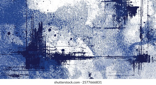 Collage Vector Illustration in blue and white, featuring glitch-distorted, grungy layers perfect for screen print, digital artwork, brochures, social media, posters, flyers.