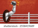 Collage vector illustration with a comic-style boxing poster featuring a dynamic halftone fist raised in a victorious pose.	