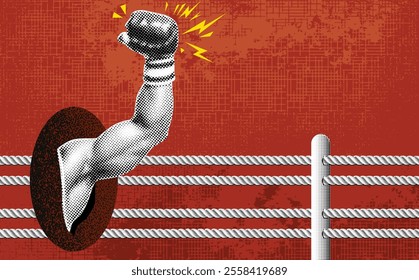 Collage vector illustration with a comic-style boxing poster featuring a dynamic halftone fist raised in a victorious pose.	