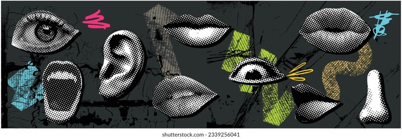 Collage vector illustration grunge banner. dotted punk halftone collage elements like lips, eyes, ears, nose mouth doodle elements on retro poster. Stylish modern advertising design