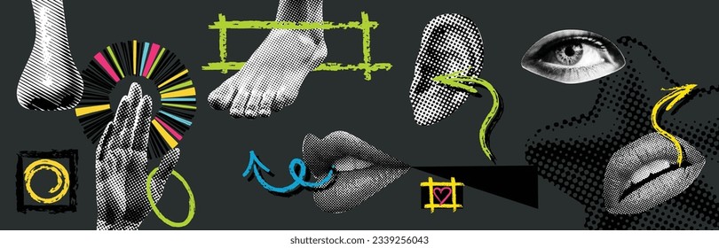 Collage vector illustration grunge banner. dotted punk halftone collage elements like lips, eyes, ears, nose mouth doodle elements on retro poster. Stylish modern advertising design