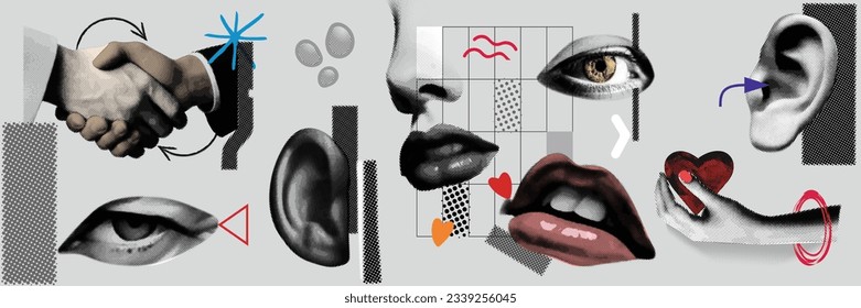 Banner de la ilustración de la ilustración del vector del collage. elementos de intercalación punk medio-tone como labios, ojos, oídos, boca de nariz doodle elementos en afiche retro. Diseño publicitario moderno y elegante