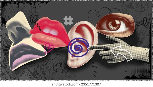 Collage vector illustration grunge banner. dotted punk halftone collage elements like lips, eyes, ears, nose mouth doodle elements on retro poster. Stylish modern advertising design