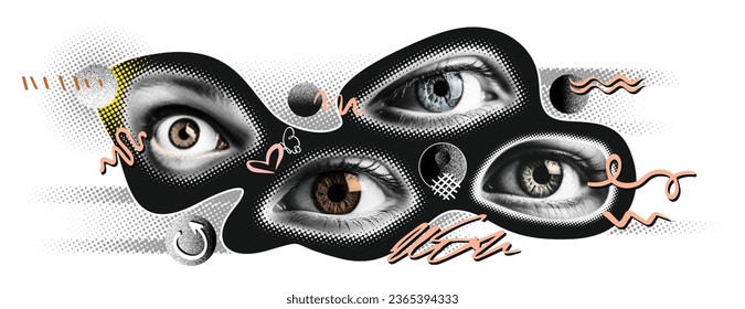 Collage vector illustration grunge banner. dotted punk halftone collage of expressive female eyes, adorned with whimsical doodles, playful pop art style. Vector illustration.