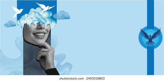 Collage vector illustration grunge banner. dotted punk halftones. Montage of halftone imagery, weightless and buoyant as a cloud, a carefree grin, blue pastel shades. Retro poster, advertising design.