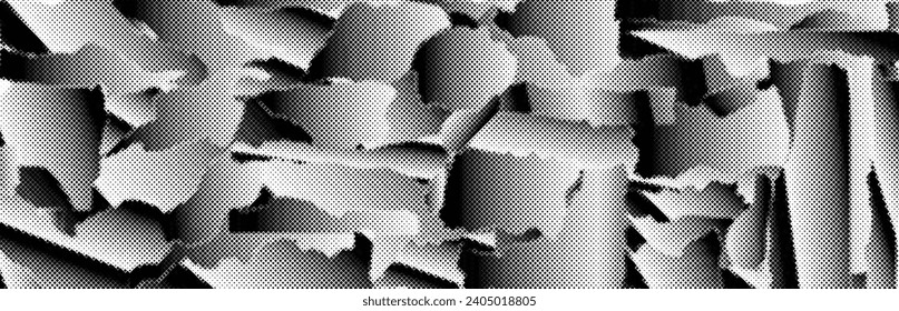 Collage, vector illustration grunge banner. A texture of glitch distortion, tailor-made for brochures, social media, posters, and flyers, distress effect, vector halftone dots.