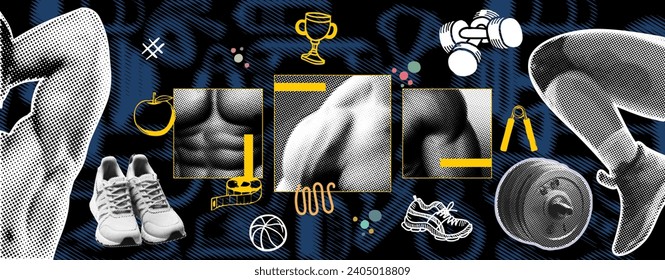 Collage, vector illustration grunge banner. A poster design concept for bodybuilding featuring body parts and gym elements set against a black background.