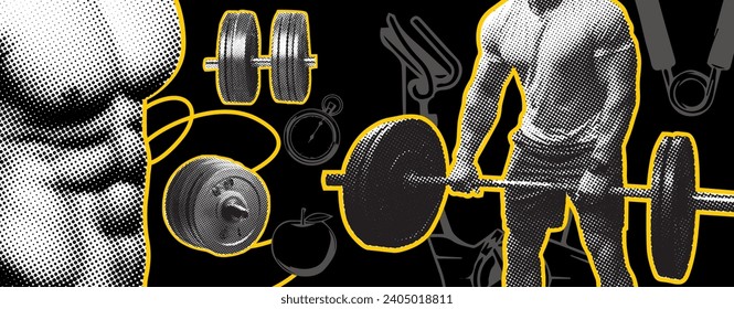 Collage, vector illustration grunge banner. A poster design concept for bodybuilding featuring body parts and gym elements set against a black background.