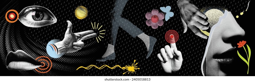 Collage vector illustration grunge banner. dotted punk halftones collage elements like lips, eyes, nose, mouth, lips, and finger touch doodle elements on retro poster design