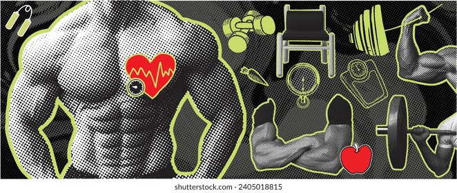 Collage, vector illustration grunge banner. A poster design concept for bodybuilding featuring body parts and gym elements set against a black background.