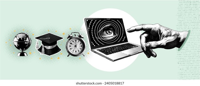 Banner de la ilustración de la ilustración del vector del collage. Afiche de IT Learning Empowering, Dynamic Tomorrow, que incluye elementos como una laptop, una mano, un mortero, una alarma, un globo en un diseño publicitario inspirado en la retro.