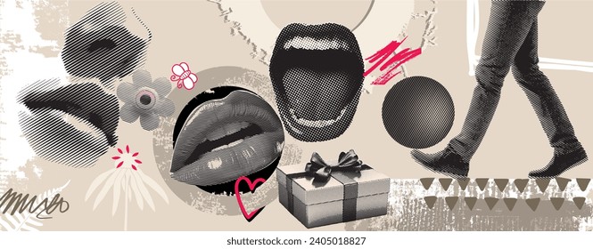 Banner de la ilustración del vector del collage en color beige. elementos como labios, ojos, nariz, boca abierta, estado de marcha y elementos de la caja de regalo en afiche retro. Diseño publicitario moderno y elegante