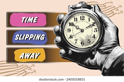 Collage, ilustración vectorial grunge banner. Un concepto de diseño de afiches para El reloj está haciendo tictac, Se acerca la fecha límite, el tiempo se está acabando pronto