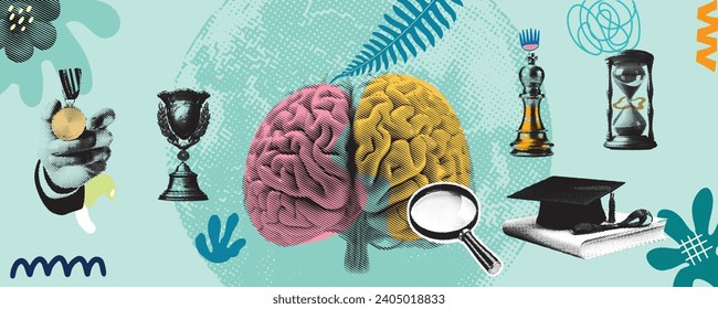 Collage vector illustration grunge banner, Conceptual abstract design for academic achievement being recognized. tranquil with elements like brain, hourglass.