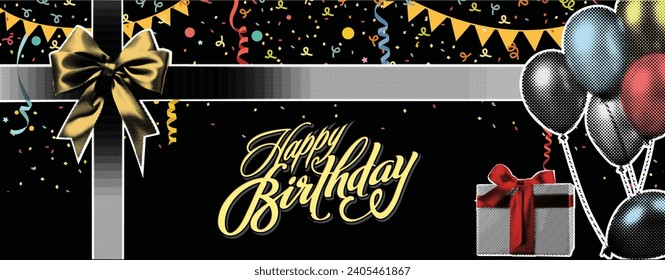 Collage, vector illustration grunge banner. Birthday Celebration Poster on a Black Background with Balloons, Ribbons, Confetti, and a Gift Box