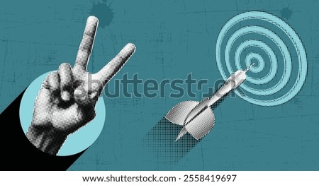Collage vector illustration with halftone hand making a victory sign with a dart in the center. light blue with a grungy texture background. Circular target with a arrow hitting towards center point.