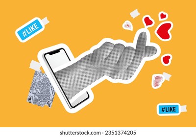 collage. Vector illustration.Collage elements with phone and hand showing heart, love. Vector hand coming out of the phone. Retro banner with cut paper elements. 