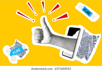 Collage. Vector illustration.Elements of a collage with a phone and a hand depicting a class are super. Vector hand coming from the phone. Retro banner with paper-cut elements.