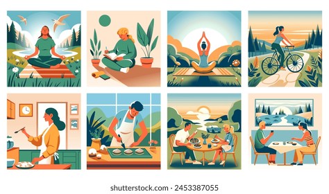 A collage of vector illustrations showcasing diverse lifestyle activities including yoga, cooking, dining, and cycling. Suitable for various content themes