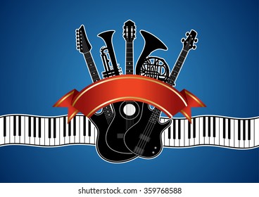 Collage in vector - musical instruments (guitar, piano, trumpet, french horn) on a blue background