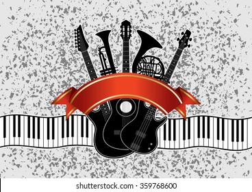 Collage in vector - musical instruments (guitar, piano, trumpet, french horn) on an abstract background