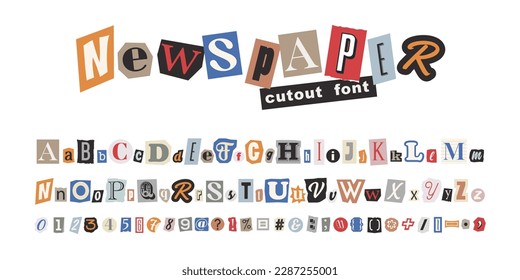 Collage vector newspaper alphabet. Color letters, numbers and punctuation marks cut from newspapers and magazines.  Criminal, anonymous or detective font. Vintage elements for your design.