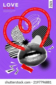 Collage vector poster with halftone mouth, grunge elements and love symbols. Trendy magazine style. Creative banner with doodle and halftone elements. Concept of love. Trendy modern advertising poster