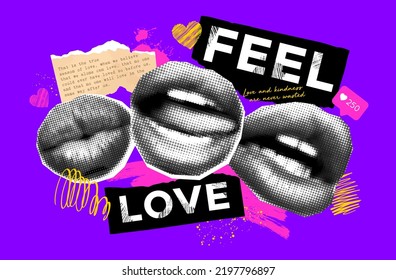 Collage vector poster with halftone mouths, torn paper, stroke brushes, doodle elements. Concept of love. Trendy magazine style, grunge texture, love symbols. Colorful banner for your design