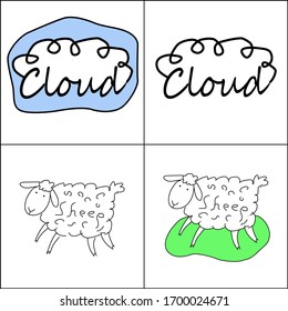 Collage of vector stilized pictures or icons of white happy sheep with green lawn and white cloud with blue sky on the white background