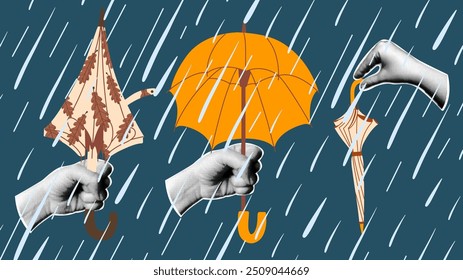 Colagem com guarda-chuvas vetoriais em mãos de meio-tom. Tempo de outono. Queda de chuva. 