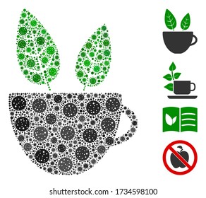 Cafe vegano de clase construida a partir de íconos del virus de la gripe en tamaños variables y tonos de color. Los íconos virales vectoriales se agrupan en un ícono abstracto de café vegano de collage. Se añaden algunos iconos adicionales.