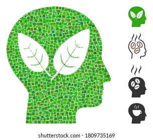 Collage Vegan head icon composed of square items in different sizes and color hues. Vector square items are arranged into abstract collage vegan head icon. Bonus pictograms are added.