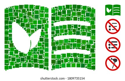 Collage Vegan menu icon composed of square elements in random sizes and color hues. Vector square items are composed into abstract collage vegan menu icon. Bonus pictograms are placed.