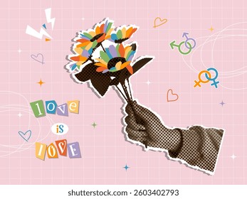 A collage of vibrant flowers held by a hand, celebrating love and pride, perfect for LGBTQ+ themes.