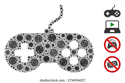 Collage video games organized from flu virus elements in various sizes and color hues. Vector infection icons are organized into abstract illustration video games icon. Some bonus icons are added.