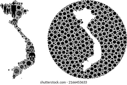 Collage Vietnam map designed from SARS virus items and population and dead head items. Infection virus Vietnam map mosaic designed with sphere and stencil.