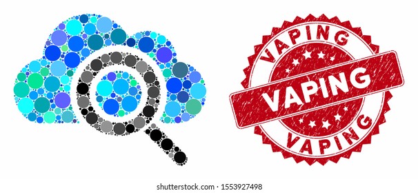 Collage view cloud and grunge stamp seal with Vaping phrase. Mosaic vector is created with view cloud icon and with scattered spheric items. Vaping stamp seal uses red color, and grunged design.