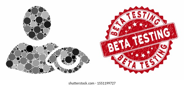 Collage view and distressed stamp seal with Beta Testing caption. Mosaic vector is created with view icon and with scattered round elements. Beta Testing stamp seal uses red color,