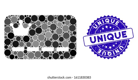 Collage VIP card icon and rubber stamp seal with Unique text. Mosaic vector is composed with VIP card icon and with randomized round elements. Unique stamp seal uses blue color, and scratched design.