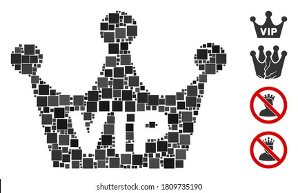 Collage VIP crown icon organized from square items in various sizes and color hues. Vector square items are organized into abstract illustration VIP crown icon. Bonus pictograms are placed.