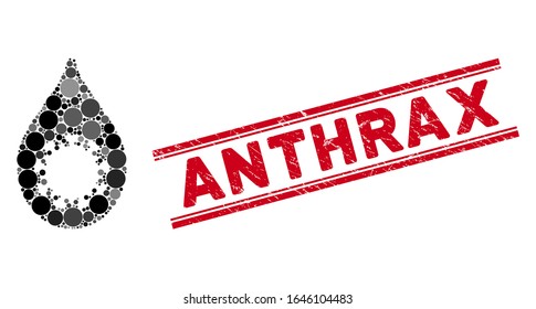 Collage virus drop icon and corroded stamp seal with Anthrax caption between double parallel lines. Mosaic vector is designed with virus drop icon and with scattered spheric elements.