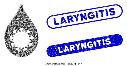 Collage virus drop icon and red rounded corroded stamp seal with Laryngitis caption and coronavirus symbol. Mosaic vector is designed with virus drop icon and with scattered round elements.