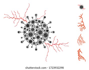 Collage virus energy organized from coronavirus icons in random sizes and color hues. Vector viral items are organized into abstract illustration virus energy icon. Some bonus icons are added.