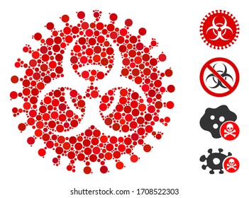 Icono de peligro de virus de la sangre fabricado a partir de elementos redondos en diferentes tamaños, posiciones y proporciones. Los elementos esféricos vectoriales se organizan en un icono abstracto de riesgo de virus de collage.