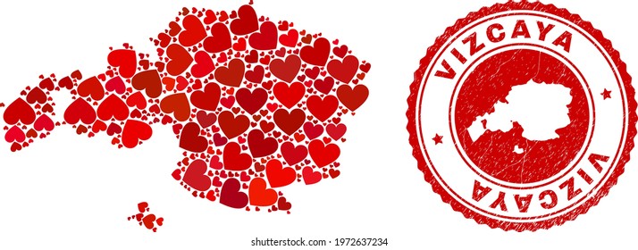Collage Vizcaya Province map designed with red love hearts, and rubber badge. Vector lovely round red rubber badge imprint with Vizcaya Province map inside.