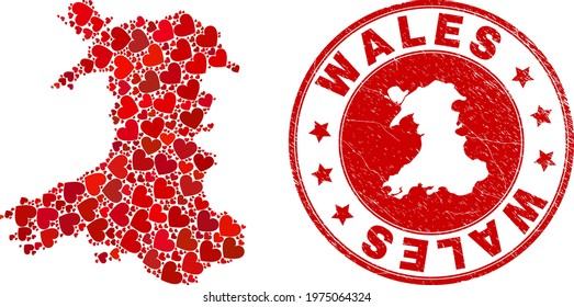 Collage Wales map created with red love hearts, and scratched seal stamp. Vector lovely round red rubber seal imitation with Wales map inside.