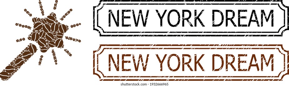 Collage Zauberwerkzeug, vereint aus Kaffeekorn, und Grunge New York Dream Rechteck Siegel mit Kerben. Vektorkaffeespezialitäten sind in ein abstraktes Mosaik Zauberwerkzeug mit brauner Farbe eingeteilt.